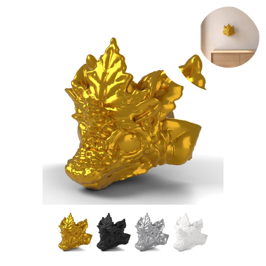 Dragon Head Wall Mount, Baby Dragon Autumn 8,8 cm, Autumn Leaves Trophy, PLA – Silk Gold