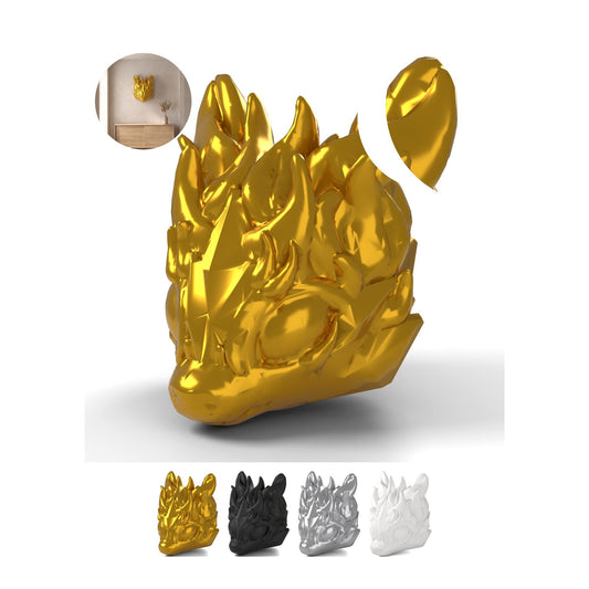 Dragon Head Wall Mount, Baby Dragon Fire Sprite 8,2 cm, Fire Spirit Trophy, PLA – Silk Gold