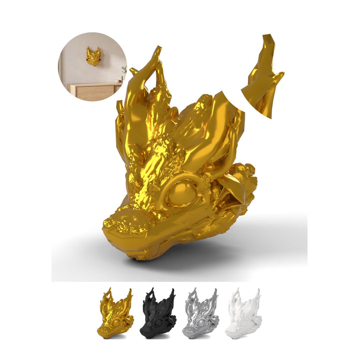 Baby Dragon Head Wall Mount Woodland 11,5 cm, Forest Fantasy Trophy, PLA – Silk Gold