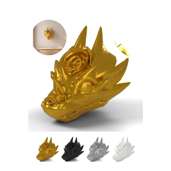 Baby Dragon Head Wall Mount Rose 10,4 cm, Romantic Fantasy Trophy, PLA – Silk Gold