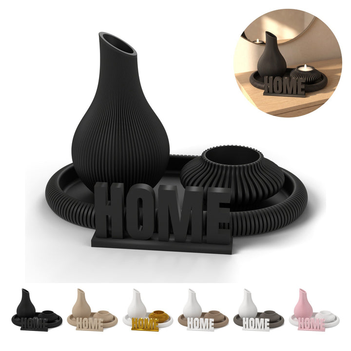 Juego decorativo HOME 4 piezas con bandeja ovalada 12,6 cm, PLA acanalado – negro