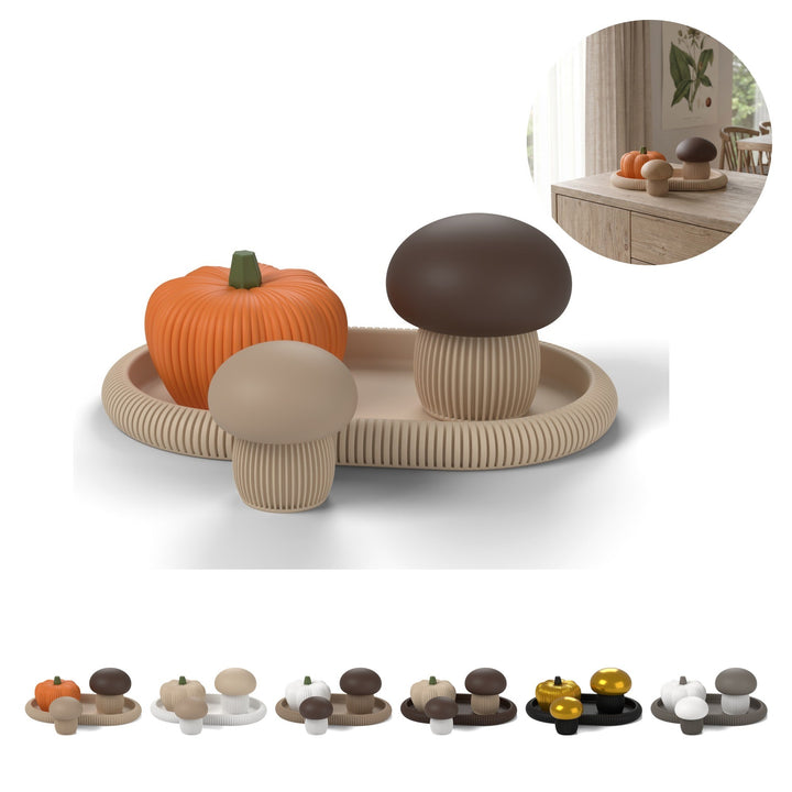 Decoración otoñal juego de 4 bandeja – calabaza y setas 7,7 cm – Beige