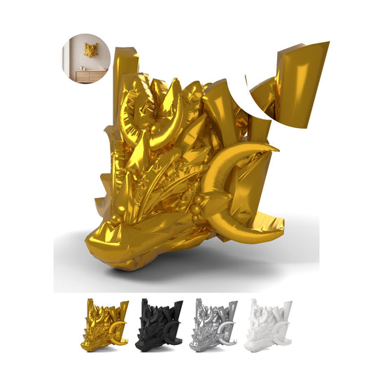 Dragon Head Wall Mount Infinity 9,3 cm, Classic Fantasy Trophy, PLA – Silk Gold